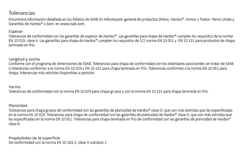 Tolerancias espesor y propiedades de hardox 450